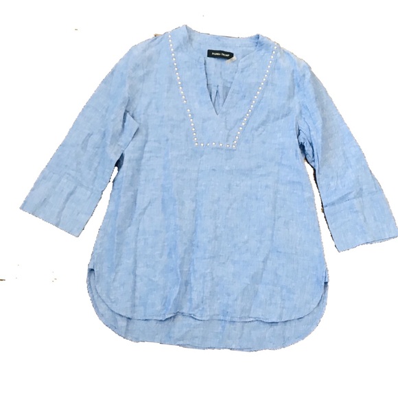 Ivanka Trump Linen Blue Chambray Preppy Work Classy V-Neck Boho Beaded Blouse - Picture 2 of 7